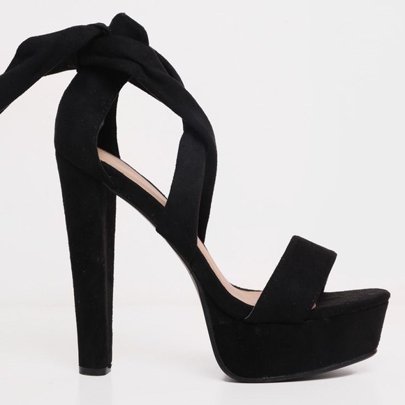 TRIA BLACK FAUX SUEDE WRAP PLATFORM SANDALS - Picture 4 of 8